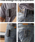 Various views of Pocket Clip On 2D Bluetooth Barcode Scanner With 2000mAh Battery And Level Indicator clipped to clothing.