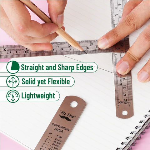 Person using Metal Straight Edge Ruler Set With 4 Stainless Steel Rulers In 6 Inch, 8 Inch, 12 Inch And 14 Inch For Your Drafting, Drawing, And DIY Projects, Imperial And Metric Measurements With 1/64 Inch And 1/20 Cm Etched Marks on paper