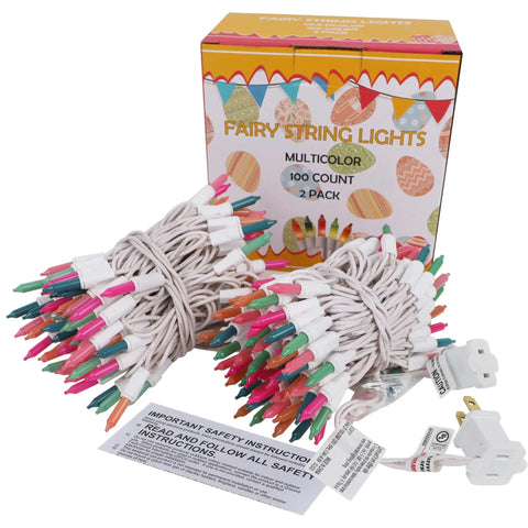 Two Pack Easter Fairy Lights Set With 100 Mini Pastel Bulbs On 20 Ft White Wire Multicolor 120V UL Certified for decor display