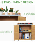 All In One Outdoor Potting Bench With Storage Cabinet And Metal Work Surface For Garden And Patio, open cabinet showing tools and pots