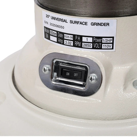 Close-up of the ON/OFF switch and label on the Shop Grade Cast Iron Knife And Cutter Grinder Featuring A Beefy Half Horsepower Motor.