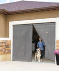 Keep It Breezy With This Hands Free Magnetic Garage Door Screen 9x8 Ft for One Car Garage, woman with dog entering