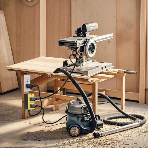 220V Rock Solid Plug And Play Remote Switch With Dead Simple One Touch Control Built In Auto Timer To Shut Down Woodworking Dust Collectors Quick Install Zero Hassle Operation Straight Out The Box with saw and vacuum.