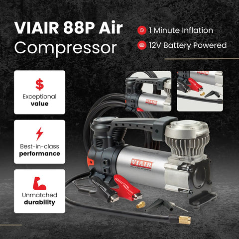 Close-up of VIAIR 88P Air Compressor with alligator clamps and 12V battery powered, highlighting features and durability.