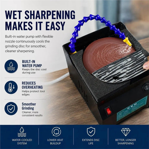 Versatile Wet Dry Bench Grinder And Powerful Electric Knife Sharpener With 7 Speed Settings For Metal Polishing And Tool Sharpening That Gets The Job Done Fast While Delivering A Slick Finish Every Single Time, showing built-in water pump for cooling.