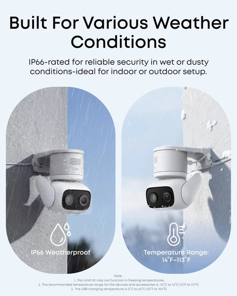 Wired Security Camera With 360 Degree Pan And Tilt, Indoor Outdoor Weatherproof IP66, mounted on wall in snowy conditions.