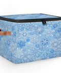 Heavy Duty Waterproof Polyester Storage Containers With A Slick Two Way Zipper Closure And Blue White Snowflake Design, 14x10 inches.
