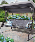 Three Person Outdoor Patio Swing With Adjustable Canopy, Upgraded Cup Holders, Textilene Fabric Seat, Sturdy Stand, garden setting
