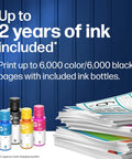 Refillable All In One Wireless Printer For Home Office With Scanner And Copier EcoTank Alternative Cartridge Free Printing With Two Years Of Ink Included ink bottles and paper stack