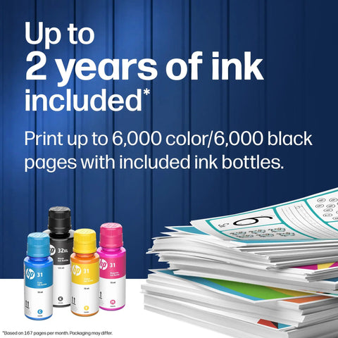 Refillable All In One Wireless Printer For Home Office With Scanner And Copier EcoTank Alternative Cartridge Free Printing With Two Years Of Ink Included ink bottles and paper stack
