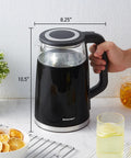 Side view of black 1.7L Dual Wall Electric Tea Kettle with Cool Touch Borosilicate Glass, 304 Stainless Steel Interior on kitchen counter.