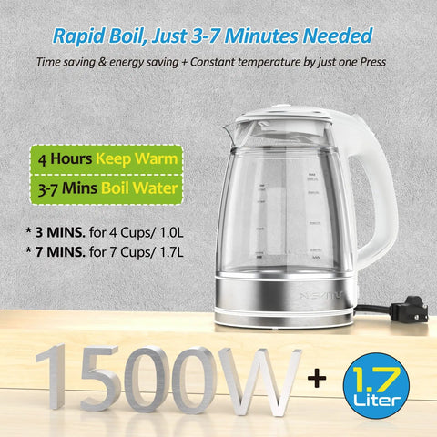 Dual Wall Cool Touch Electric Kettle With Borosilicate Glass Inner, 1.7L, 1500W Fast Boil, Cordless Hot Water Boiler, BPA Free