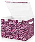 Top Drawer Foldable Storage Bin With Flip Top Lid And Comfort Grip Handles For Bedroom Home Organization Collapsible Closet Containers With Tough Oxford Fabric And Zero Fuss Velcro Seal, large pink patterned storage box open.