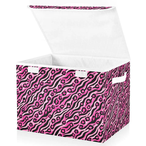 Top Drawer Foldable Storage Bin With Flip Top Lid And Comfort Grip Handles For Bedroom Home Organization Collapsible Closet Containers With Tough Oxford Fabric And Zero Fuss Velcro Seal, large pink patterned storage box open.