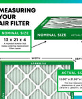 Measuring guide for 13x21x4 Air Filters MERV 13 Deep Pleated Smoke Defense Plus Allergy Relief 2 Pack with sizes indicated.