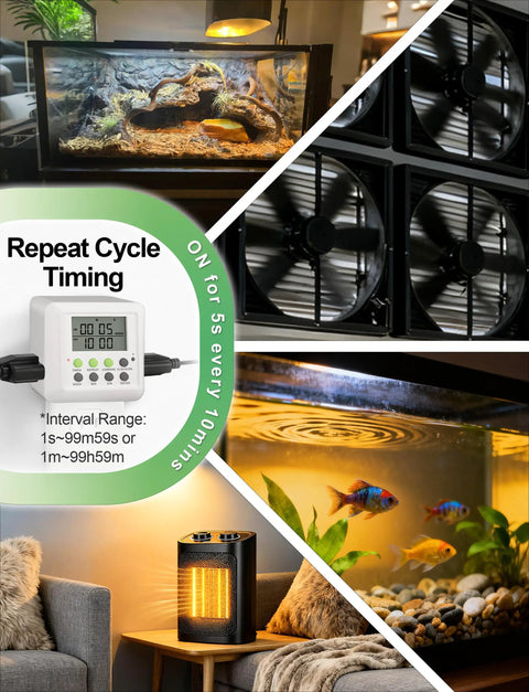 Heavy Duty Dual Outlet Programmable Timer Plug For Set It And Forget It Scheduling Plus Smooth Interval Cycling To Keep Electronics Humming At 15 Amps Indoors with fans, aquarium and heater.