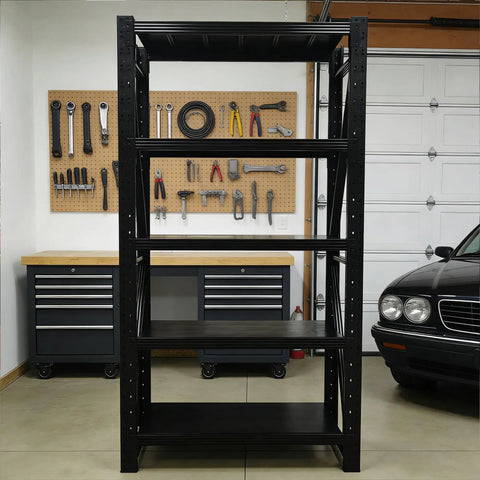 Heavy Duty Multi Tier Storage Rack And Adjustable Metal Shelving Unit For Garage Organization Built Tough With Rock Solid Modular Frame Quick No Sweat Setup Handles 1800 Pounds in black, showcasing five tiers.