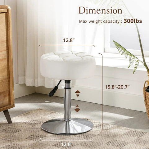 Adjustable Vanity Stool With 360 Degree Swivel White Faux Leather Makeup Chair For Home, height adjustable 15.8-20.7 in