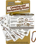 Outdoor Knot Cards 22 Knots For Camping Backpacking And Scouts with diagrams and brown mini carabiner attached.