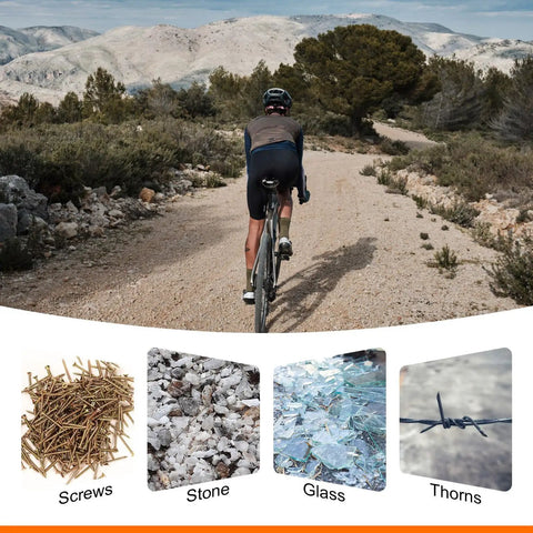 Cyclist on rocky trail with insets showing screws, stones, glass, and thorns hazards. Two Pack PU Bike Tire Liners For 27.5 Inch Tires Puncture Proof Flat Protector No Flats For Mountain And Road Bikes Transparent Easy To Install And Stay In Place Shields Inner Tubes From Flats And Prevent Air Loss.