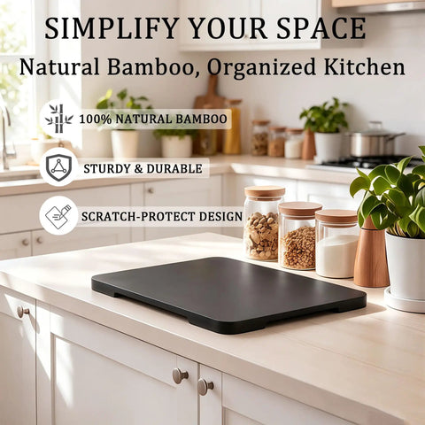 Premium Bamboo Appliance Slider Tray With Universal Rotating Wheels For Countertops And Drawers No Hassle Pull Out Roller Cart For Coffee Makers And Compact Kitchen Gear on kitchen countertop.