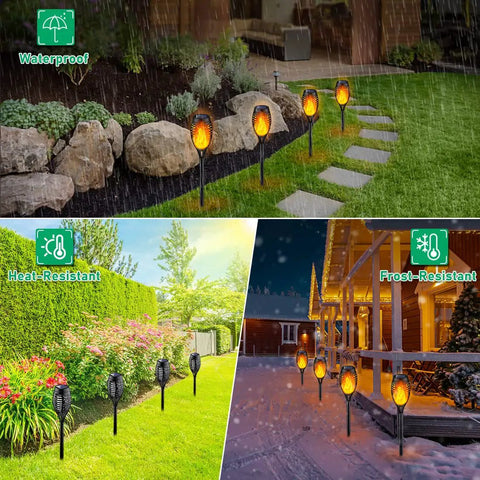 Solar Flame Torch Lights For Outdoor Decoration 12 Pack in yard, illuminating with waterproof LED flickering flames.