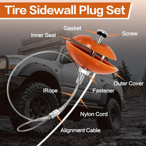 Tire Sidewall Plug Set showing components like gasket, inner seal, and alignment cable for 3 Pack Sidewall Tire Repair Kit With Dual Alignment Wires For Atv And Sxs Quickfix Portable Puncture Plug No Drying Time Heavy Duty Rubber Stems For All Off-road Adventures.