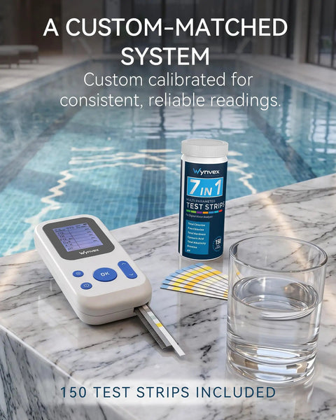 Hassle Free Digital Pool Water Test Kit With Instant Reader For Dead On Readings 7 In 1 Heavy Duty Analysis on marble surface.
