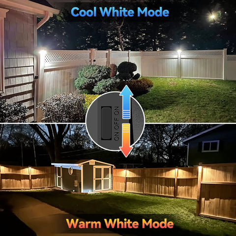 Image showing Solar Fence Lights 8 Pack Outdoor Waterproof Wall Lights with dual color modes, illuminating fences in warm and cool white.