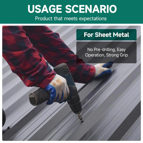 User applying 385 Pcs Baddest Self-Tapping Screws Hex Head Size 8 10 12 for sheet metal construction without pre-drilling.