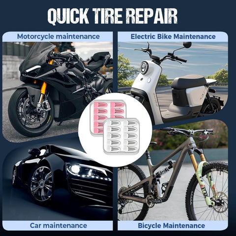 20PC Tire Repair Rubber Nails Kit with 2 Sizes shown with motorcycle, e-bike, car, and bicycle for quick tire repair