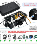 Heavy Duty Outdoor Electrical Box With Six Cable Ports And Ip54 Waterproof Cover shown with dimensions and cable connections, ideal for outdoor use.