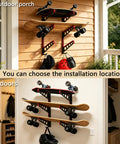 Heavy Duty Steel Skateboard Rack Wall Mount With Grippy Bottom Hook Slots For Triple Deck Longboard Snowboard And Ski Display in indoor and outdoor settings.