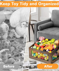 Wooden Dog Toy Basket With Slanted Front For Easy Reach Doggo Friendly Durable Toy Box next to gray couch with toys arranged neatly