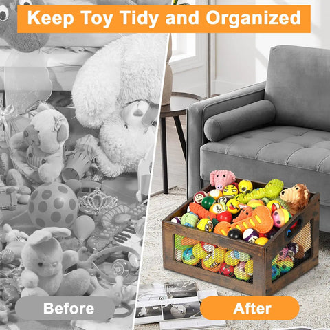 Wooden Dog Toy Basket With Slanted Front For Easy Reach Doggo Friendly Durable Toy Box next to gray couch with toys arranged neatly