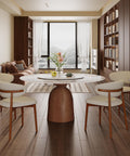 53 Inch Round Dining Table With Smooth Rotating Lazy Susan And Solid Hourglass Base Delivers A Clean Marble Look Top Crafted For Relaxed Weekend Hangouts Seats 6 To 8 In Brown in modern dining room setting.