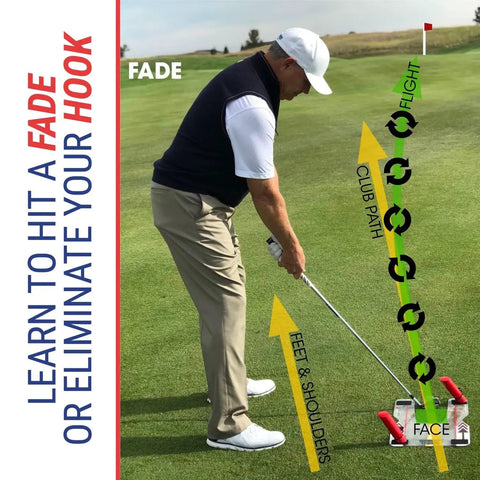 Golfer using Speed Trap Two Point Zero Golf Swing Trainer Build Confidence And Nail Longer Straighter Shots With Slice And Hook Correction Path Aid on green