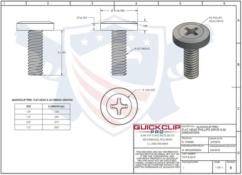 Black Half Inch Chicago Screws With Rubber Washers Kickass Flat Head Through Hole Fasteners For DIY Kydex Leather Holster Knife Sheath Crafting And Belt Clip Projects No Sweat Assembly Top Shelf Gear Up Your EDC Game Today detailed diagram of flat head screw with 8-32 threads and dimensions.