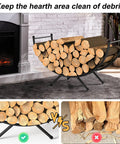 Beefy Heavy Duty Curved Firewood Rack 33 Inch Steel Log Holder for indoor fireplaces shown with stacked logs in living room