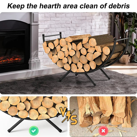 Beefy Heavy Duty Curved Firewood Rack 33 Inch Steel Log Holder for indoor fireplaces shown with stacked logs in living room