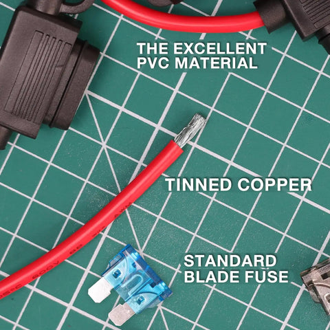 Sweet Ride Essentials 10 Piece Atc Ato Inline Fuse Cable Kit With 18 Awg Wiring Harness And 70 Spare Blade Fuses showing red tinned copper wire, PVC material, and a standard blade fuse.