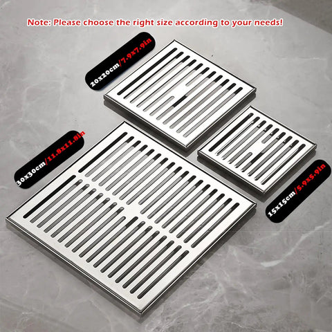 Badass Durability 304 Stainless Steel Square Drain Cover Heavy Duty Removable Tire Catch Basin Grate sizes of 15x15cm, 20x20cm, and 30x30cm.