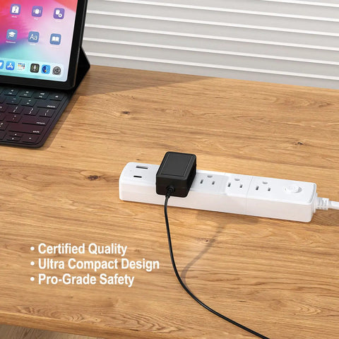 No Sweat Solid Fit Power Adapter Keeps Your Makerbot Digitizer 3D Scanner Running Slick With Easy Connect Safe Voltage Replacement Cord For FSP Zebra Models plugged into a power strip on a wooden desk.