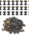 50 Pack Top Rated Heavy Duty M5 X 5mm Chicago Screws With Phillips Head For Leather Work And Bookbinding Antique Bronze Binding Posts arranged in rows and piles.