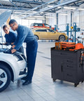 Beast Mode 30 Inch Tool Storage Cabinet With Lockable Drawers And Smooth Rolling Casters Ultimate Garage Locker in black beside mechanics working on a car.