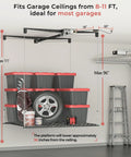 Game Changing Motorized Garage Ceiling Storage Rack With Remote Control 4 By 4 Ft Overhead Lift System with storage bins and tire.