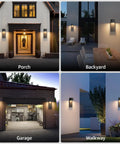 Two Pack Modern Outdoor Wall Sconces Delivering Smooth 3000K Warm White Glow Plus Rock Solid IP65 Waterproof Aluminum Construction That Goes Tough For Porch Patio Front Door Or Garage Hardwired Exterior Lighting Fixtures Matte Black, showcased in various outdoor settings.