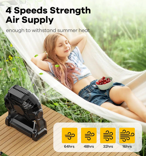 Ultra Quiet 30000mAh Portable Camping Fan With LED Light USB TypeC Rechargeable Battery next to a child relaxing in a hammock.