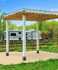 Outdoor pergola installed with Four Pack Adjustable Deck Post Anchor Brackets Fits 1.5x1.5, 2x2, 2x4, 4x4 Posts