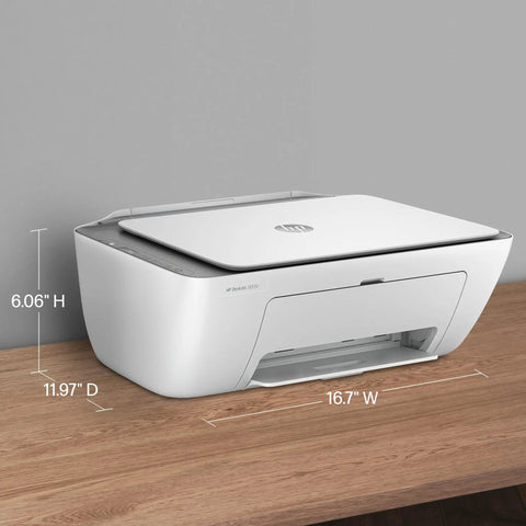 DeskJet 2855e Wireless All In One Color Inkjet Printer Scanner Copier For Home Use With 3 Month Instant Ink Trial Included 2.4 GHz Wireless Only AI Powered Page Precision, shown on a wooden desk with dimensions 16.7" W x 11.97" D x 6.06" H.
